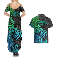 Zodiac Cancer Couples Matching Summer Maxi Dress and Hawaiian Shirt Polynesian in Gradient Blue TS04 - Polynesian Pride