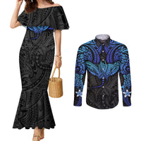 Polynesian Ray Pattern Couples Matching Mermaid Dress and Long Sleeve Button Shirt TS04 Black/Blue - Polynesian Pride