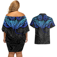 Polynesian Ray Pattern Couples Matching Off Shoulder Short Dress and Hawaiian Shirt TS04 - Polynesian Pride