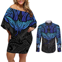 Polynesian Ray Pattern Couples Matching Off Shoulder Short Dress and Long Sleeve Button Shirt TS04 Black/Blue - Polynesian Pride