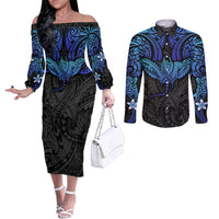 Polynesian Ray Pattern Couples Matching Off The Shoulder Long Sleeve Dress and Long Sleeve Button Shirt TS04 Black/Blue - Polynesian Pride