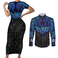 Polynesian Ray Pattern Couples Matching Short Sleeve Bodycon Dress and Long Sleeve Button Shirt TS04 Black/Blue - Polynesian Pride