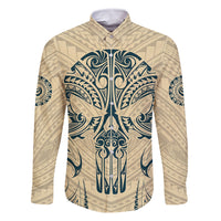 Polynesian Family Matching Off Shoulder Maxi Dress and Hawaiian Shirt Warrior Skull with Tribal Patterns Tattoo Design TS04 Dad's Shirt - Long Sleeve Yellow - Polynesian Pride