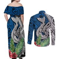 Polynesian Couples Matching Off Shoulder Maxi Dress and Long Sleeve Button Shirts Whale Pattern and Hibiscus Flowers TS04 - Polynesian Pride