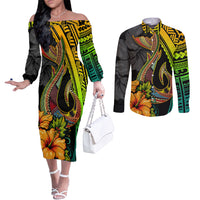 Hawaii Couples Matching Off The Shoulder Long Sleeve Dress and Long Sleeve Button Shirts Polynesian Fish Hook and Hibiscus Flowers with Gradient Pattern TS04 Multicolor - Polynesian Pride