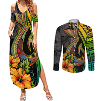 Hawaii Couples Matching Summer Maxi Dress and Long Sleeve Button Shirts Polynesian Fish Hook and Hibiscus Flowers with Gradient Pattern TS04 Multicolor - Polynesian Pride