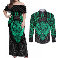 Polynesian Couples Matching Off Shoulder Maxi Dress and Long Sleeve Button Shirts Abstract Tiki TS04 Black/Yellow - Polynesian Pride