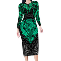 Polynesian Family Matching Long Sleeve Bodycon Dress and Hawaiian Shirt Abstract Tiki TS04 Mom's Dress Black Yellow - Polynesian Pride