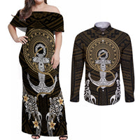 Polynesian Swordfish Couples Matching Off Shoulder Maxi Dress and Long Sleeve Button Shirts with Anchor Pattern and Tribal Turtle TS04 - Polynesian Pride