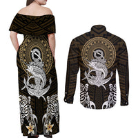 Polynesian Swordfish Couples Matching Off Shoulder Maxi Dress and Long Sleeve Button Shirts with Anchor Pattern and Tribal Turtle TS04 Multicolor - Polynesian Pride