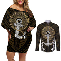 Polynesian Swordfish Couples Matching Off Shoulder Short Dress and Long Sleeve Button Shirts with Anchor Pattern and Tribal Turtle TS04 - Polynesian Pride
