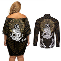 Polynesian Swordfish Couples Matching Off Shoulder Short Dress and Long Sleeve Button Shirts with Anchor Pattern and Tribal Turtle TS04 Multicolor - Polynesian Pride