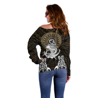 Polynesian Swordfish Off Shoulder Sweater with Anchor Pattern and Tribal Turtle TS04 - Polynesian Pride