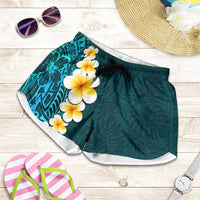 Turquosie Polynesia Shorts for Women Plumeria Tropical Leaves With Galaxy Polynesian Art - Polynesian Pride
