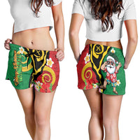 Vanuatu Christmas Shorts for Women Funny Santa with Namele and Boar Tusk Tribal LT03 - Polynesian Pride
