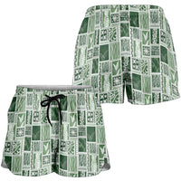 Vintage Aloha Block Quilt Shorts for Women Green Inspired Lei Motifs LT9 - Polynesian Pride