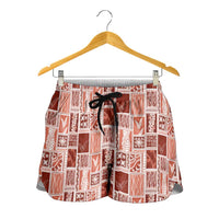 Vintage Aloha Block Quilt Shorts for Women Red Inspired Lei Motifs - Polynesian Pride
