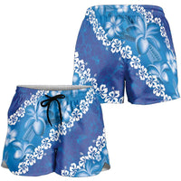 Vintage Blue Polynesia Shorts for Women Plumeria With Hibiscus Tropical Vibes - Polynesian Pride