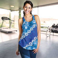 Vintage Blue Polynesia Women Racerback Tank Plumeria With Hibiscus Tropical Vibes - Polynesian Pride