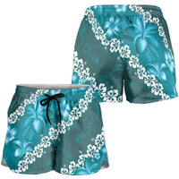 Vintage Dark Cyan Polynesia Shorts for Women Plumeria With Hibiscus Tropical Vibes - Polynesian Pride