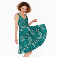 Vintage Hawaiian Quilting Patterns Midi Dress Turquoise Style Tribal Fabric Patchwork - Polynesian Pride