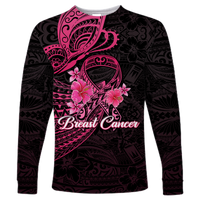 Breast Cancer Pink Ribbon Butterfly Polynesian Black Version Long Sleeve Shirt - LT12 Unisex Black - Polynesian Pride