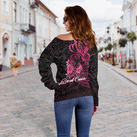 Breast Cancer Pink Ribbon Butterfly Polynesian Black Version Women Off Shoulder Sweater - LT12 - Polynesian Pride