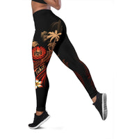 Tahiti Polynesian Women's Leggings - Plumeria Flowers And Waves Red - Polynesian Pride