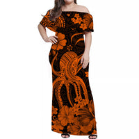 Hawaii Off Shoulder Long Dress Polynesia Orange Octopus LT13 Women Orange - Polynesian Pride