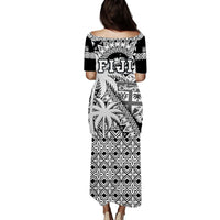 Fiji Coat Of Arms Puletasi Dress Masi Tapa Mixed Palm Tree No1 Black Version LT9 - Polynesian Pride