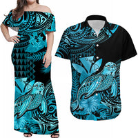 Custom Polynesian Tribal Matching Hawaiian Outfits For Couples Monk Seal with Kanaka Turquoise LT14 Turquoise - Polynesian Pride