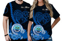 Custom FSM Valentine Couple T Shirt Heart Love Tropical Flowers BLue LT14 No Men - Polynesian Pride