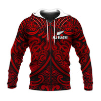 (Custom Text and Number) New Zealand Silver Fern Rugby Hoodie All Black Red NZ Maori Pattern LT13 - Polynesian Pride