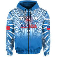 (Custom Text and Number) Samoa Rugby Hoodie Personalise Toa Samoa Polynesian Pacific Blue Version LT14 Zip Hoodie Blue - Polynesian Pride