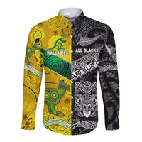 New Zealand Maori All Black And Australia Wallabies Aboriginal Hawaii Long Sleeve Button Shirt Rugby Together LT8 Unisex - Polynesian Pride