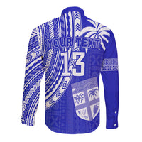 (Custom Text and Number) Fiji Rugby Sevens Long Sleeve Button Shirt Fijian 7s Tapa Polynesian Blue Ver.02 LT13 - Polynesian Pride