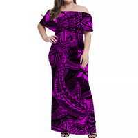 Polynesian Off Shoulder Long Dress Pink Hawaiian Tribal Hammerhead Shark LT14 Women Pink - Polynesian Pride