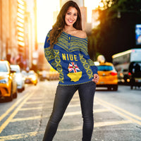 Niue Off Shoulder Sweater Happy Constitution Day Niuean Hiapo Crab With Map LT14 - Polynesian Pride
