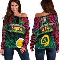 Shefa Province Off Shoulder Sweater Vanuatu Pig Tusk Polynesian Flag Style LT14 Women Black - Polynesian Pride
