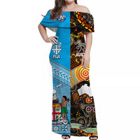 Australia Aboriginal And Fiji Tapa Off Shoulder Long Dress Together Central Coast Fijians LT8 Women Blue - Polynesian Pride