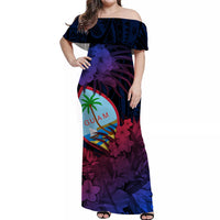 Guam Polynesian Off Shoulder Long Dress Tropical Flowers - Gradient Vibes LT8 - Polynesian Pride