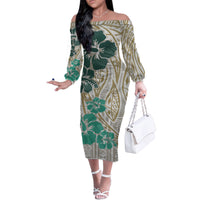 Polynesian Masi Tapa Green Hibiscus Matching Off Long Sleeve Dress and Hawaiian Shirt LT9 - Polynesian Pride