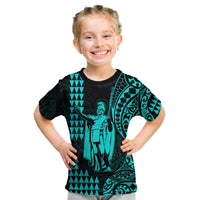 Hawaii Day Kakau T Shirt KID Proud To Be Hawaiian Turquoise King Kamehameha and Kanaka Maoli LT13 Youth XL Size14 - Polynesian Pride