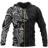 New Zealand Maori Zip Hoodie, Ta Moko Tattoo Full Zip Hoodie White Zip Hoodie Black - Polynesian Pride