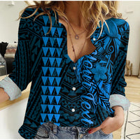 (Custom Personalised) Hawaii Women Casual Shirt Kakau Kanaka Maoli Combine Polynesian Shark Ver.03 LT14 Female Blue - Polynesian Pride