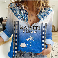 Fiji Women Casual Shirt Kaiviti Fijian Special Tapa Pattern LT14 Female Blue - Polynesian Pride