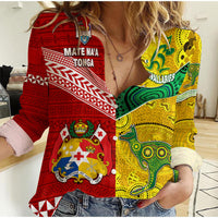 (Custom Personalised) Mate Ma'a Tonga Ngatu And Australia Wallabies Aboriginal Woman Casual Shirt Rugby Together LT8 Female - Polynesian Pride