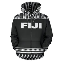 Fiji Tapa All Over Zip up Hoodie Black and White Version - Polynesian Pride