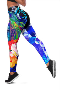 Polynesian Hawaii Women's Leggings - Humpback Whale with Tropical Flowers (Blue) - Polynesian Pride