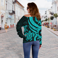 Guam Polynesian Women Of Shoulder Sweater - Turquoise Tentacle Turtle - Polynesian Pride